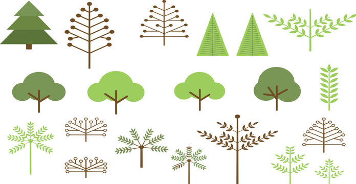 Flat minimalist trees and green plants icon set featuring abstract forest foliage pine branches and botanical nature design elements vector illustration isolated on white background