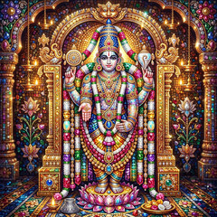 Naklejka premium Ornate Jeweled Illustration of Lord Vishnu on Lotus under Temple Arch