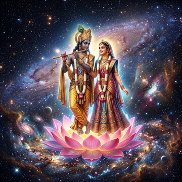 Cosmic Radha Krishna Standing on Floating Pink Lotus in Space