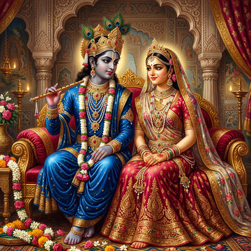 Royal Radha Krishna Seated on Golden Throne in Palace Veranda