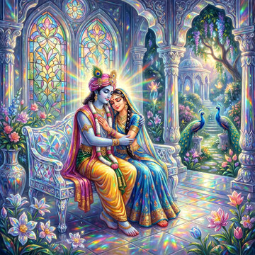 Romantic Radha Krishna Sitting on Silver Bench in Grand Palace

