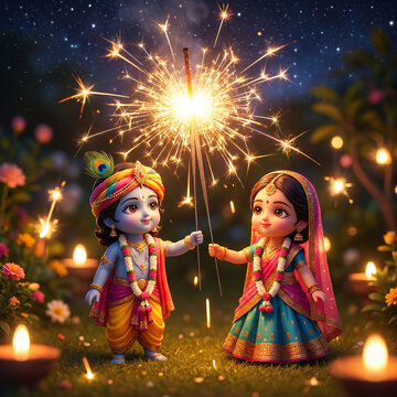 Cute Chibi Radha Krishna Celebrating Diwali with Sparklers and Diyas