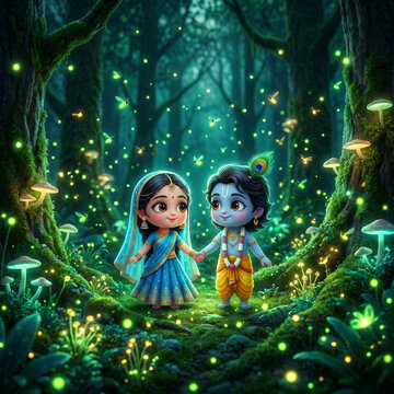 Cute Chibi Radha Krishna Holding Hands in a Magical Glowing Firefly Forest