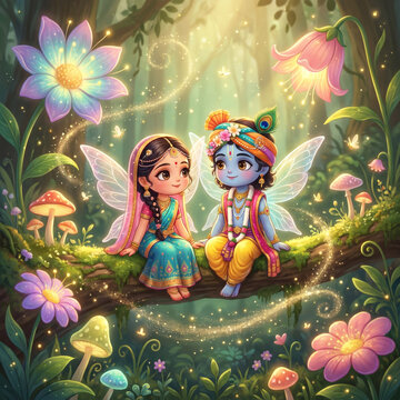 Enchanted Forest Fairy Style Radha Krishna sitting on Tree Branch