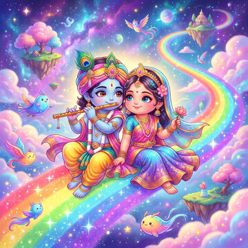 Magical Fantasy Radha Krishna Sitting on a Rainbow in Cosmic Sky