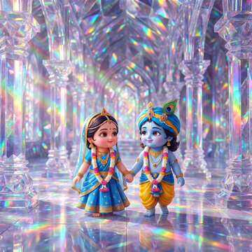 Cute Baby Radha Krishna holding hands in Sparkling Iridescent Glass Palace