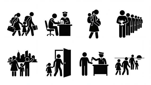 Collection of stick figure icons depicting immigration border control and family travel representing concepts of migration and security