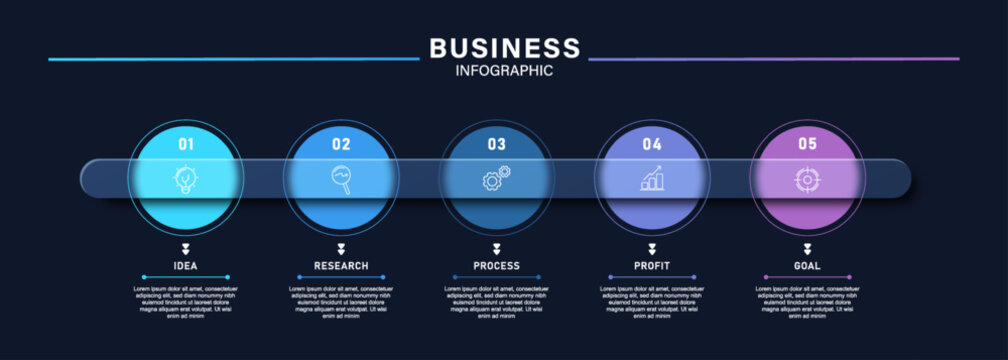 Modern business infographic template with 5 timeline steps on dark background