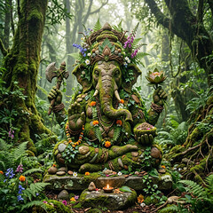 Fototapeta premium Ancient Moss-Covered Lord Ganesha Statue in Deep Enchanted Forest