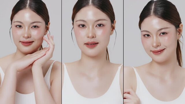Collage vertical footage of young beautiful Asian woman on white background. Perfect facial and skin for commercial skin care advertising concept.
