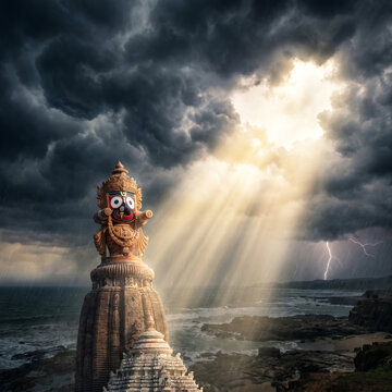 Lord Jagannath Idol at Temple with Dramatic Stormy Sky and Light Rays