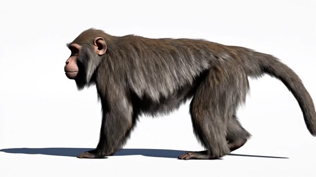 Chimpanzee standing on white background side view.