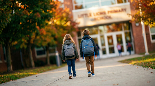 Two students walking to school on a sidewalk in front of a school building