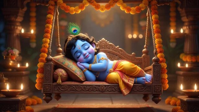 Adorable Baby Krishna Sleeping Peacefully on a Decorated Swing with Diyas.