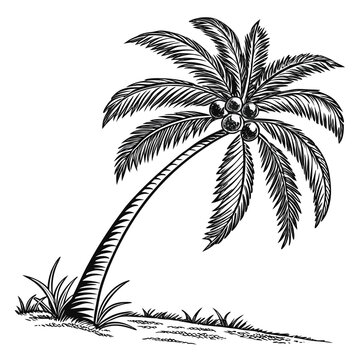 Vector illustration of a solitary palm tree with coconuts in a vintage etching style coconuts tropical