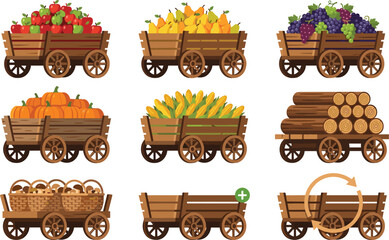 Obraz premium Farm harvest wagon icon set featuring fruit carts, vegetable transport, timber loads, vineyard barrels and agricultural produce delivery