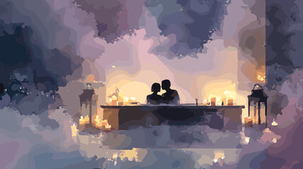 Couple Embracing In Bathtub Surrounded By Candles And Smoke At Night © AI PIC