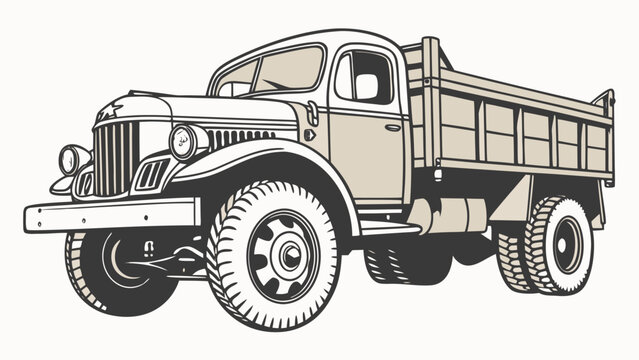 Vector illustration of a vintage heavy duty dump truck in a detailed technical line drawing style
