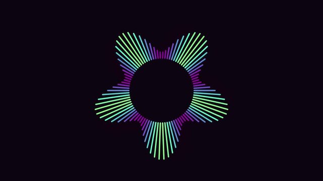 Colorful radial line burst forms circular gear shape on dark background