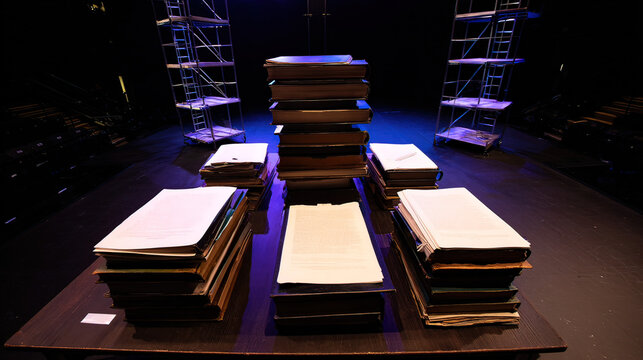 backstage. A table in the wings of a stage, stacked with bound scripts under dramatic lighting. event programs, museum guides, designed for cultural heritage projects and event programs.
