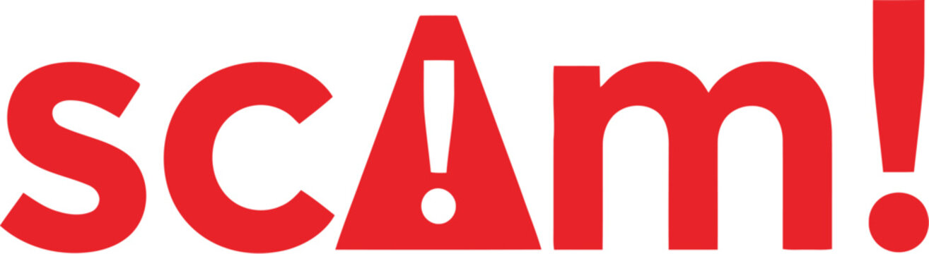 Red scam warning text with exclamation mark