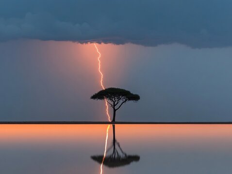 A striking and vibrant lightning bolt hits near a silhouetted tree under a dramatic sky filled with clouds