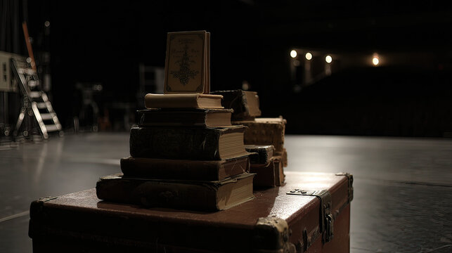 backstage. A table in the wings of a stage, stacked with bound scripts under dramatic lighting. event programs, museum guides, designed for cultural heritage projects and event programs.
