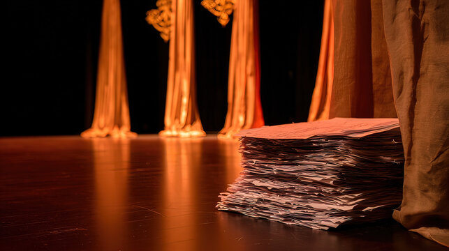 backstage. A table in the wings of a stage, stacked with bound scripts under dramatic lighting. event programs, museum guides, designed for cultural heritage projects and event programs.
