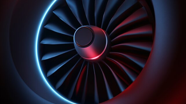 Intense close up of engine fan blades illuminated by neon rim lighting casting shadows in an industrial environment