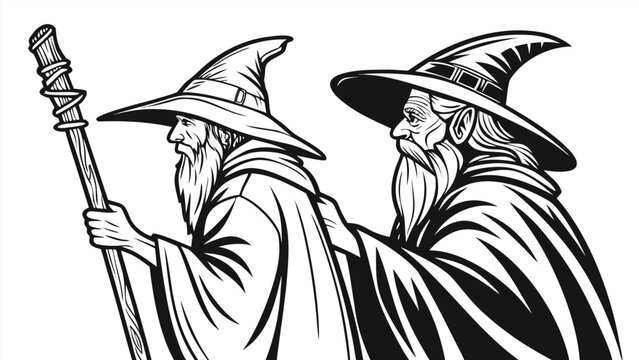 Vector illustration of two fantasy wizards with staffs walking together sorcerer mystical character