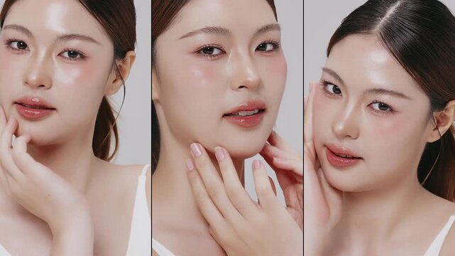 Collage vertical footage of young beautiful Asian woman on white background. Perfect facial and skin for commercial skin care advertising concept.