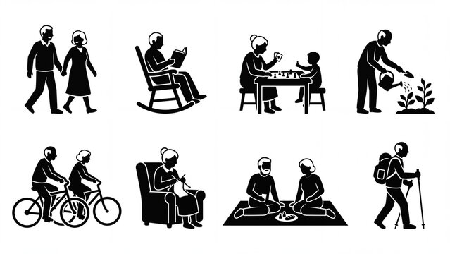Collection of simple black and white icons depicting family activities and senior lifestyle vector illustrations for concepts like leisure health and com