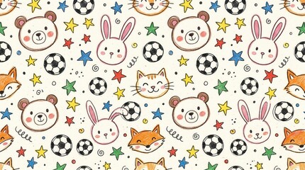 Obraz premium Cute animal faces, soccer balls, and colorful stars form a playful repeating design