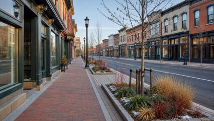 Fototapeta premium Quiet downtown street with brick storefronts, wide sidewalk, lamp posts, winter landscaping, and a clean urban streetscape at soft daylight.