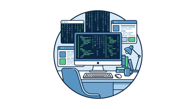 Software Developer Workplace with Coding Screens and Computer Code