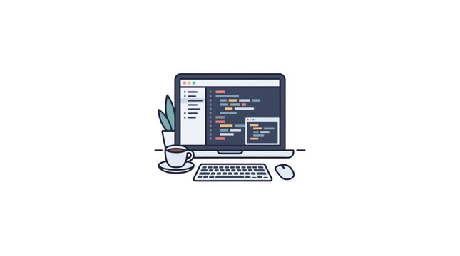 Software Developer Workspace with Laptop and Coffee Flat Illustration