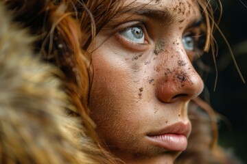 Obraz premium Close up of determined female explorer with dirty face wearing animal skin, observing wildlife in nature