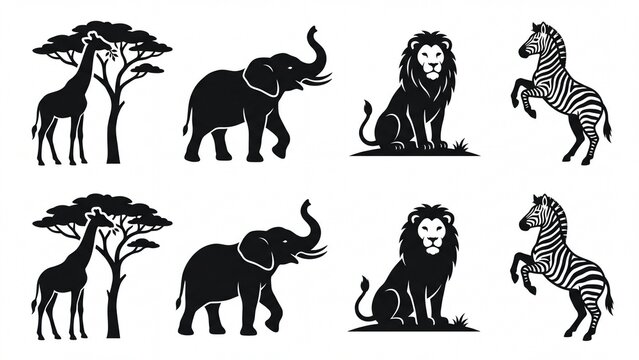Set of African safari animal silhouettes including giraffes elephants lions and zebras perfect for nature and wildlife designs