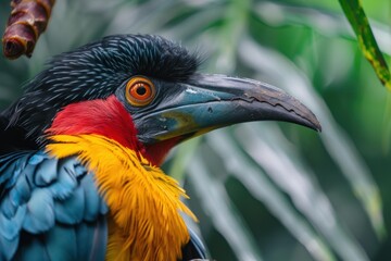 Obraz premium Close up of a plate billed mountain toucan displaying its vibrant plumage amidst lush green foliage