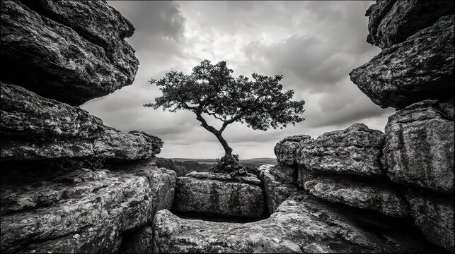 windswept. Solitary tree growing from rock crevice with windswept branches against dramatic sky. travel magazines, destination branding, designed for outdoor magazines and nature guides.
