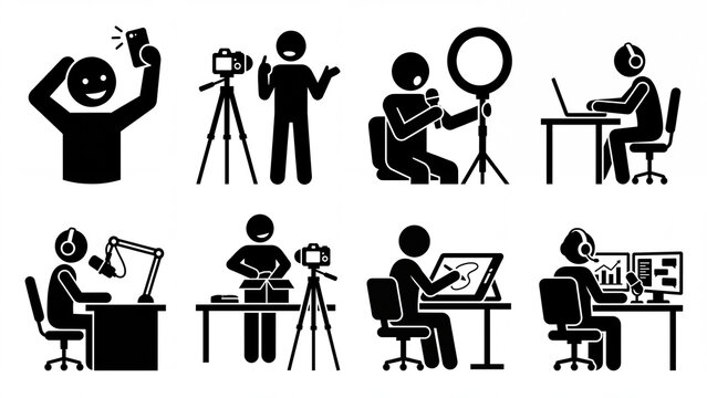 Set of content creator icons depicting vlogging podcasting and streaming activities vector illustration for digital media and online communication