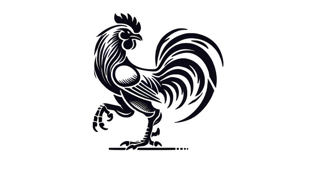 Black and white rooster illustration standing on one leg minimalist line art drawing