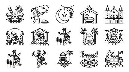 Fototapeta premium Set of Indian Festivals and Traditional Cultural Celebration Icons.