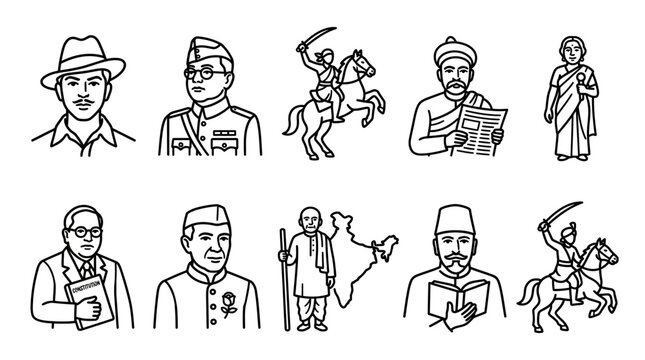 Set of Indian Freedom Fighters and Historical Figures Outline Icons.