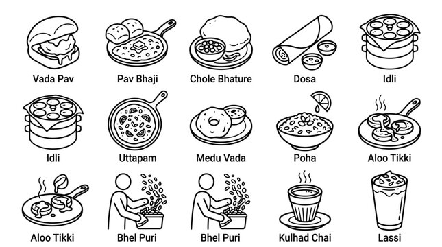 Set of hand drawn traditional Indian street food icons and snacks.