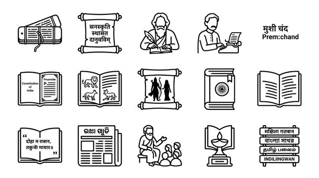 Set of line art icons depicting literature history and writing symbols.