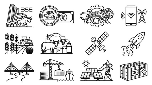 Set of line art icons representing Indian economic development and infrastructure.