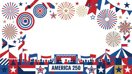 Fototapeta premium Colorful Patriotic Fireworks Celebration Over Festival Stage with America 250 Banner