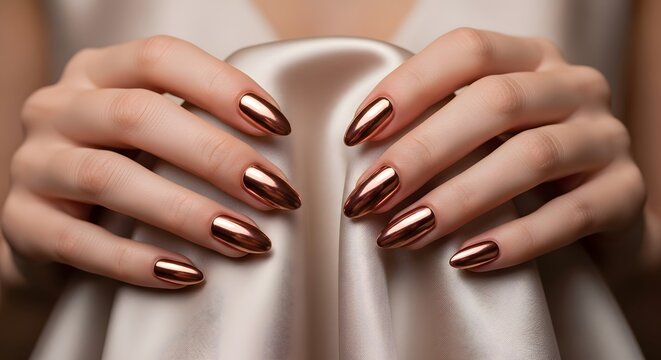 Chrome copper stiletto nails with metallic mirror shine effect.