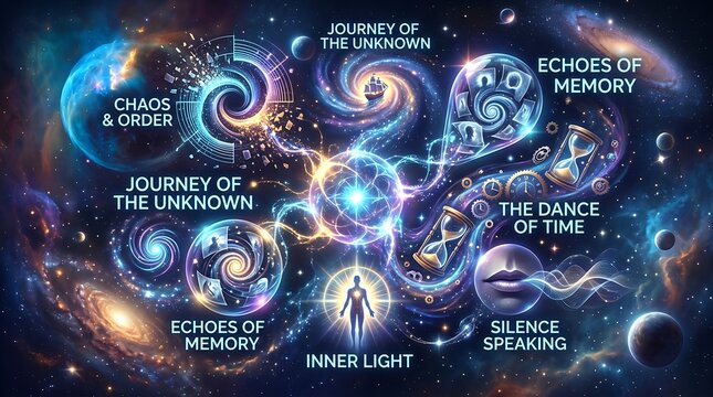 Cosmic spiritual journey concept with inner light, mystical galaxy background with hourglass and celestial symbols, metaphysical philosophy art
